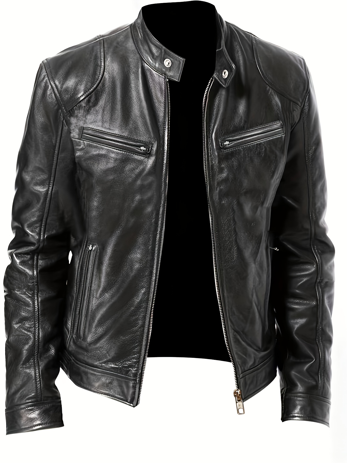 Men's Autumn and Winter PU Leather Jacket Full Zipper Stand Collar Motorcycle Bomber Jacket