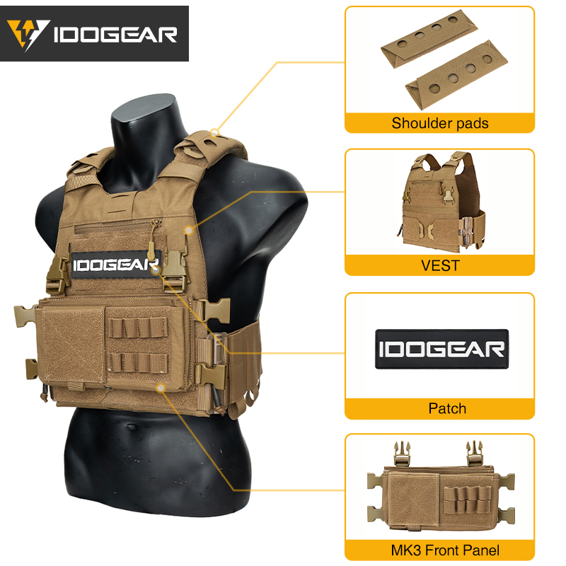 IDOGEAR Tactical 3.0 FCSK Vest with MK3 Placard Holder, Shoulder Cover and LOGO Sticker 3320Set-4Pack