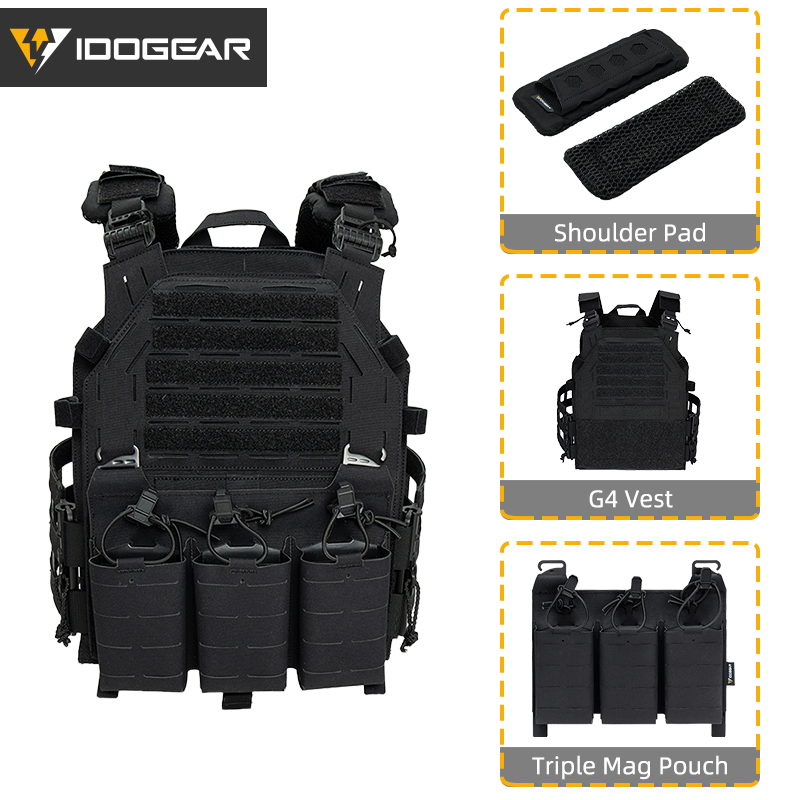 IDOGEAR Tactical G4 Vest with KTAR Front Flap Triple Mag Pouch and 3D Shoulder Pads 3323-3Pack