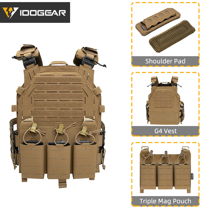 IDOGEAR Tactical G4 Vest with KTAR Front Flap Triple Mag Pouch and 3D Shoulder Pads 3323-3Pack