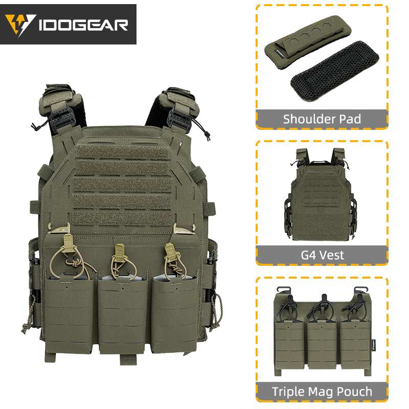 IDOGEAR Tactical G4 Vest with KTAR Front Flap Triple Mag Pouch and 3D Shoulder Pads 3323-3Pack