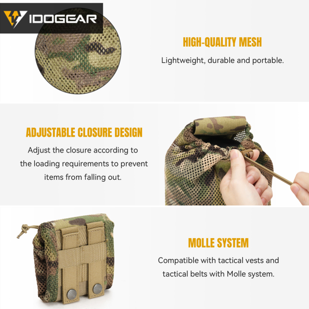 IDOGEAR Roll-Up Mesh Dump Pouch Foldable MOLLE Utility Pouch Drawstring Closure Lightweight 3595