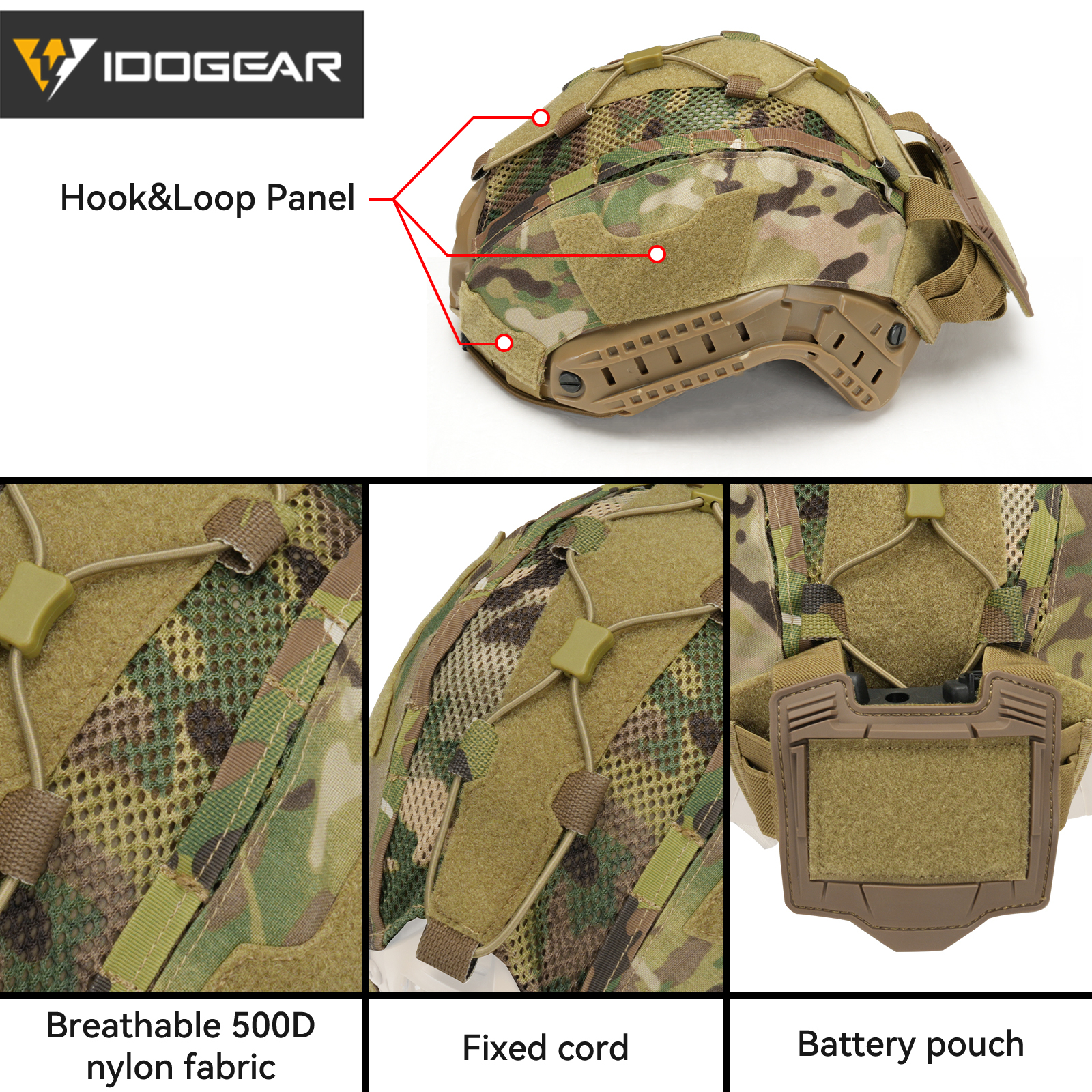 IDOGEAR Helmet Cover with Battery Pouch Adjustable Helmet Skin Hook & Loop 3812