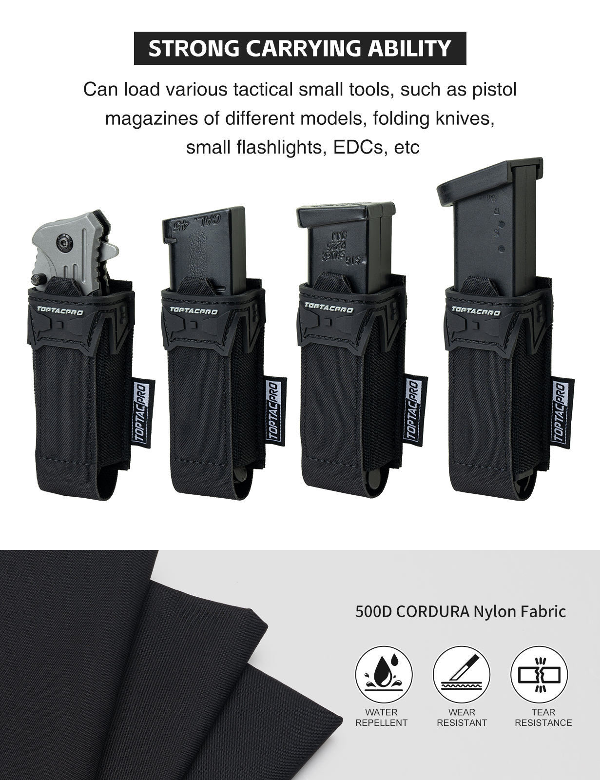 TOPTACPRO Tactical Pouch 9MM Single Mag Holder Cordura LSR MOLLE Strap 8536