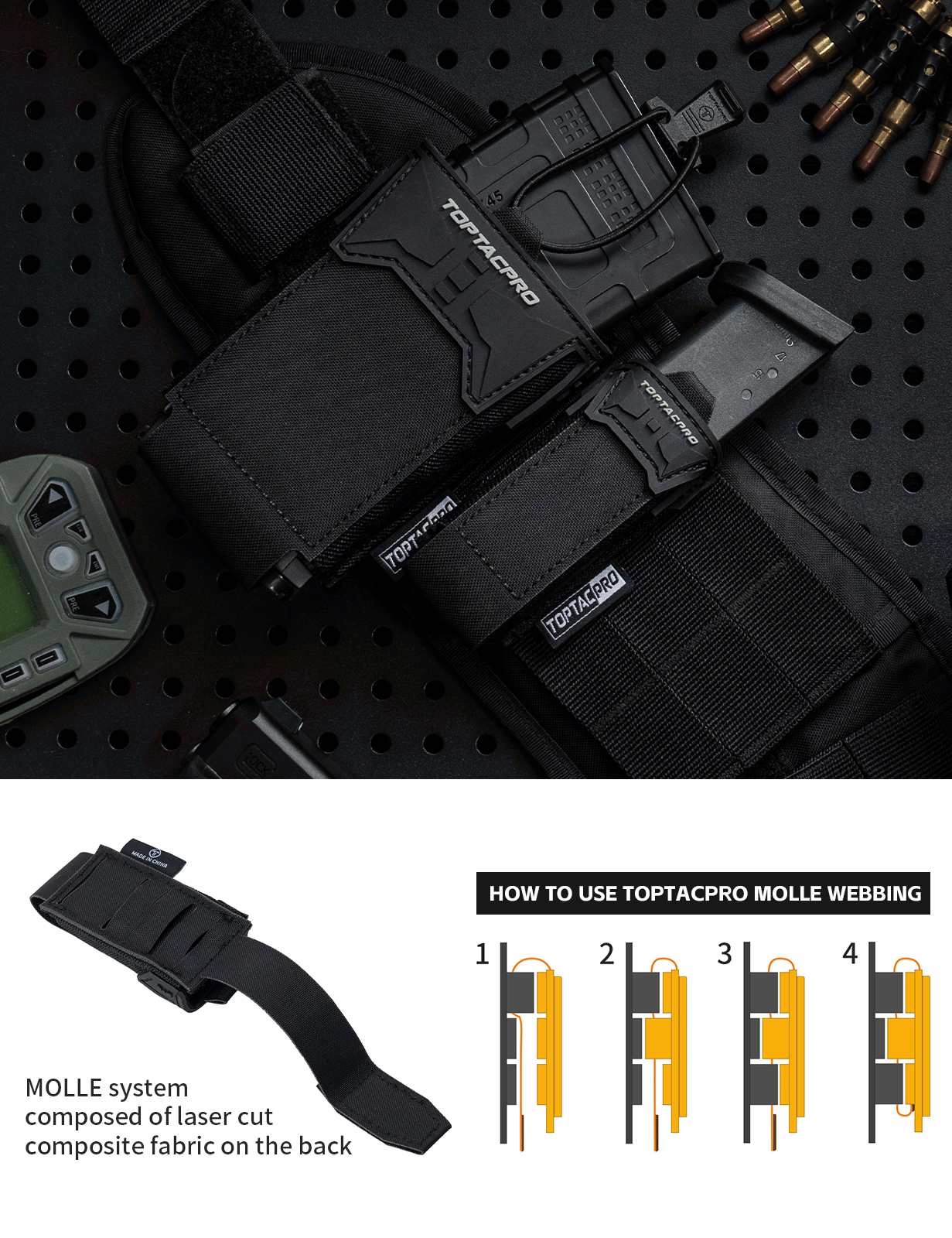 TOPTACPRO Tactical Pouch 9MM Single Mag Holder Cordura LSR MOLLE Strap 8536