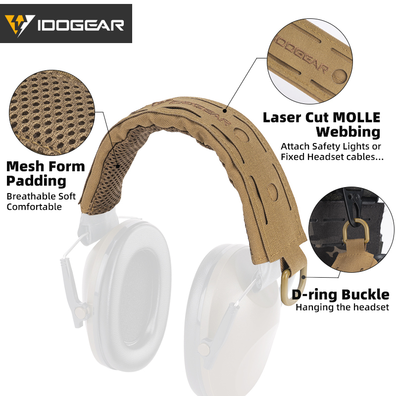 IDOGEAR Tactical Headset Cover with D-Buckle Hanger MOLLE Laser Cut Advanced Headband Modular Cover Fit For All General Earmuffs 3948
