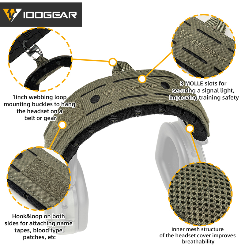 IDOGEAR Headset Cover Adjustable Headband Sleeve with MOLLE Slots Hook and Loop Patch Panel 3967