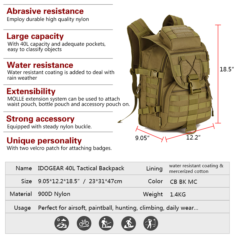 IDOGEAR 40L Tactical Backpack MOLLE 900D Nylon Water Resistant Sports Backpacks 3504