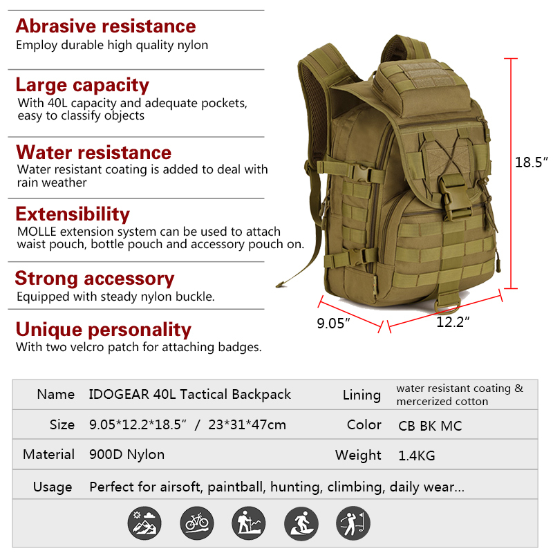 IDOGEAR 40L Tactical Backpack MOLLE 900D Nylon Water Resistant Sports Backpacks 3504