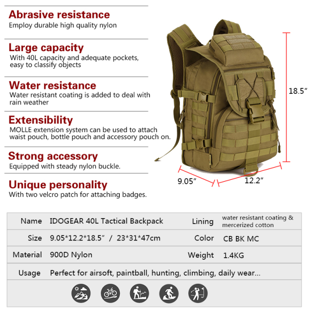 IDOGEAR 40L Tactical Backpack MOLLE 900D Nylon Water Resistant Sports Backpacks 3504