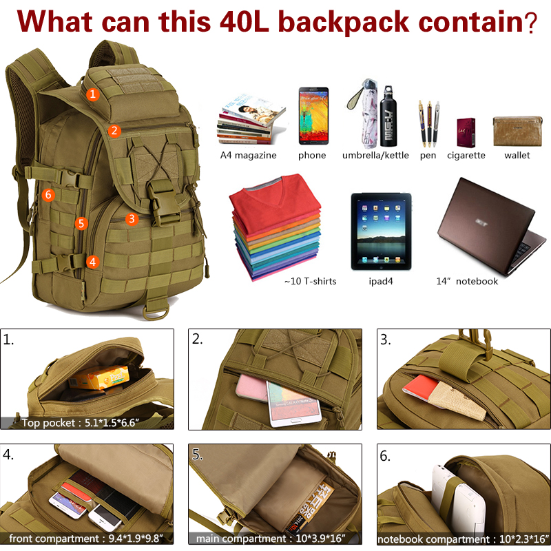 IDOGEAR 40L Tactical Backpack MOLLE 900D Nylon Water Resistant Sports Backpacks 3504