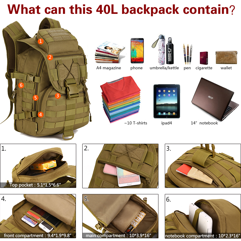 IDOGEAR 40L Tactical Backpack MOLLE 900D Nylon Water Resistant Sports Backpacks 3504