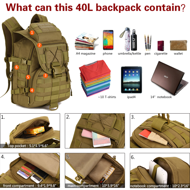 IDOGEAR 40L Tactical Backpack MOLLE 900D Nylon Water Resistant Sports Backpacks 3504