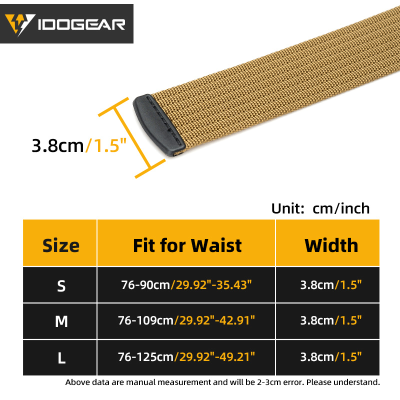 IDOGEAR Tactical Belt Nylon 1.5" YKK POM Buckle Tail Clip Quick Dry Lightweight Sport Belt 3436