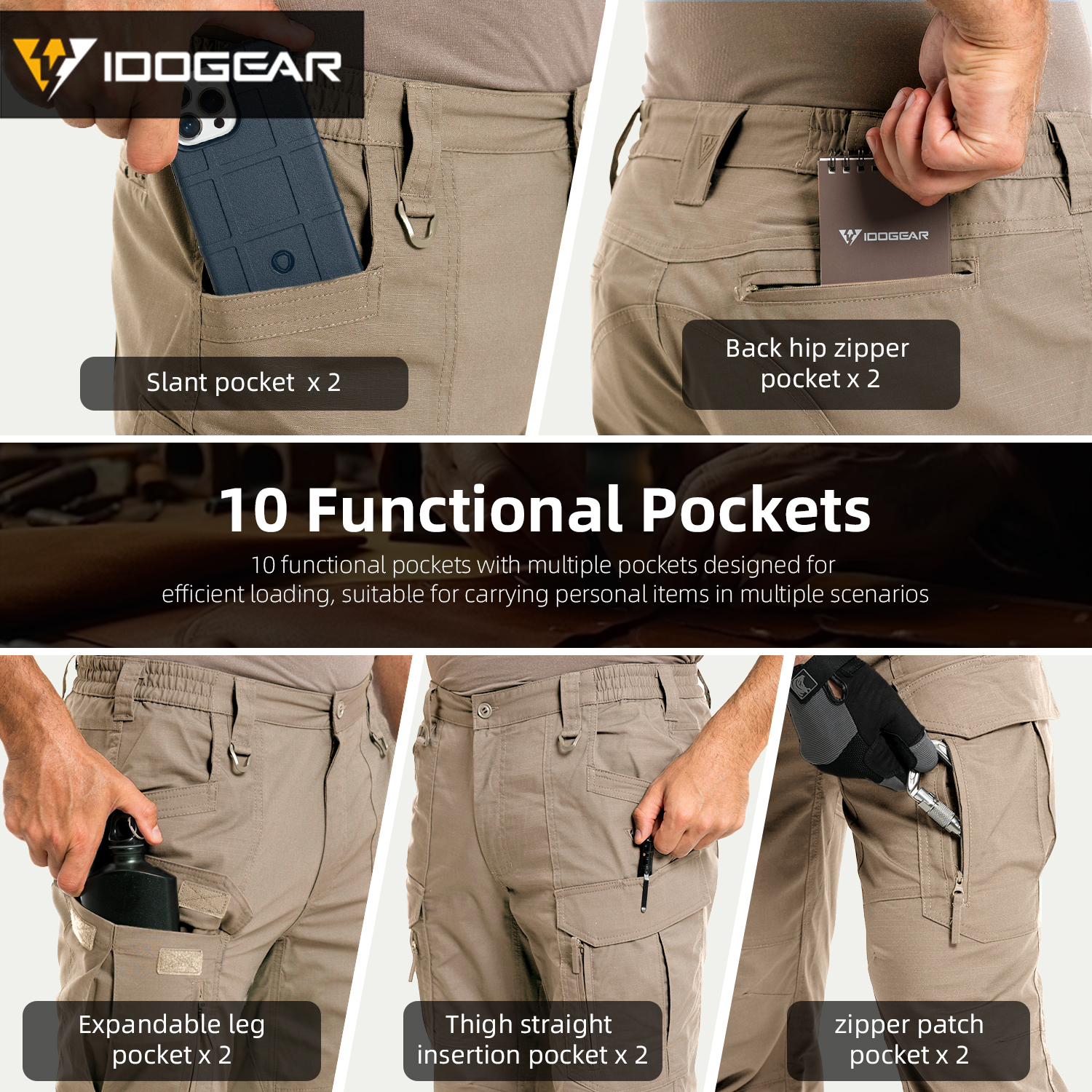 IDOGEAR Flex Cargo Pants IP5 Water Repellent Ripstop Stretch Multi-Pocket 3D Cut Trousers for Sports Daily Use 3221