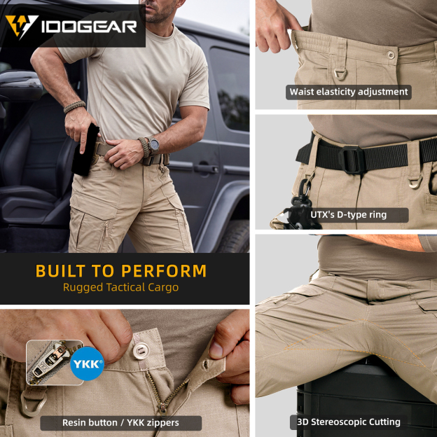 IDOGEAR Flex Cargo Pants IP5 Water Repellent Ripstop Stretch Multi-Pocket 3D Cut Trousers for Sports Daily Use 3221