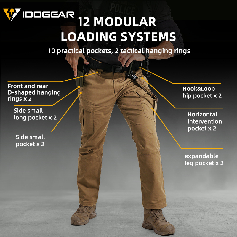 IDOGEAR Men's Cargo Pants Ripstop Multi-Pocket Stretch Outdoor Pants with Elastic Waist D-Ring & YKK Zipper 3222