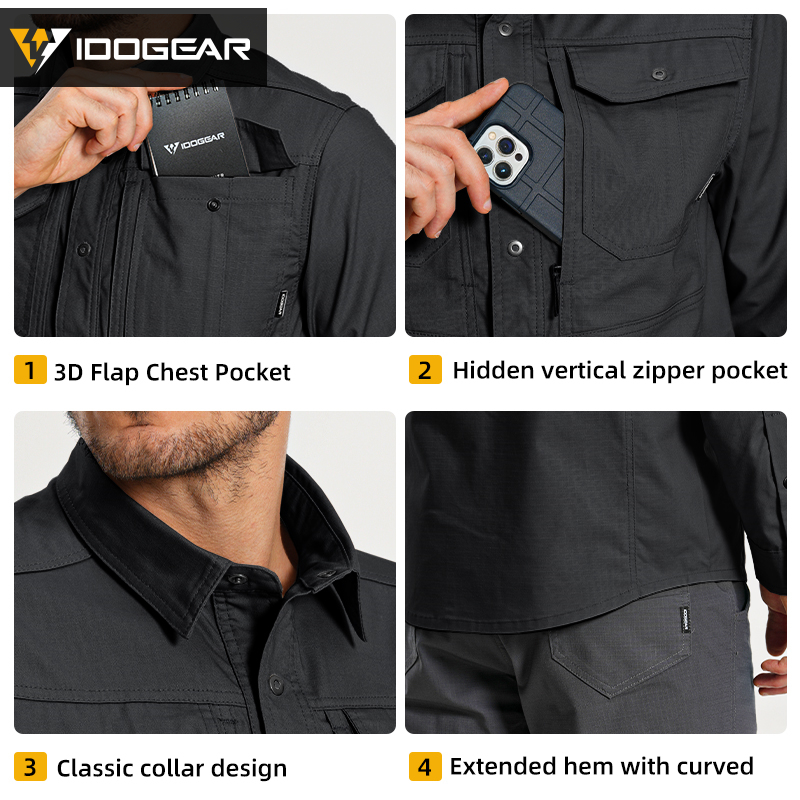 IDOGEAR Men's Long Sleeve Work Shirt with Convertible Roll‑Up Sleeve Breathable Ripstop Casual Shirt 3124
