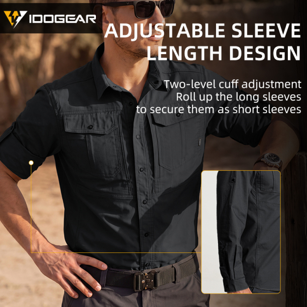 IDOGEAR Men's Long Sleeve Work Shirt with Convertible Roll‑Up Sleeve Breathable Ripstop Casual Shirt 3124