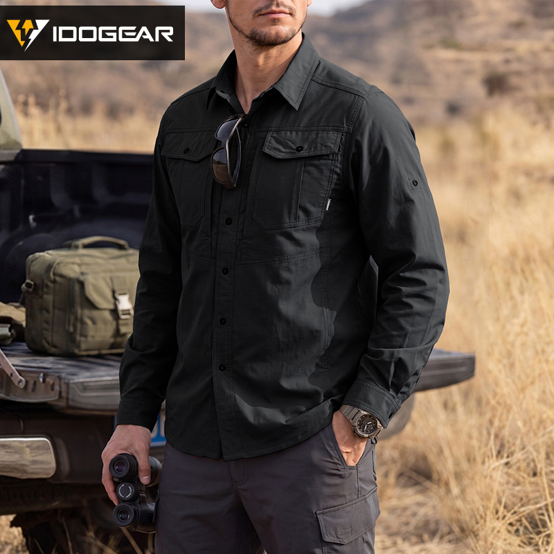IDOGEAR Men's Long Sleeve Work Shirt with Convertible Roll‑Up Sleeve Breathable Ripstop Casual Shirt 3124