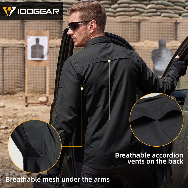 IDOGEAR Men's Long Sleeve Work Shirt with Convertible Roll‑Up Sleeve Breathable Ripstop Casual Shirt 3124