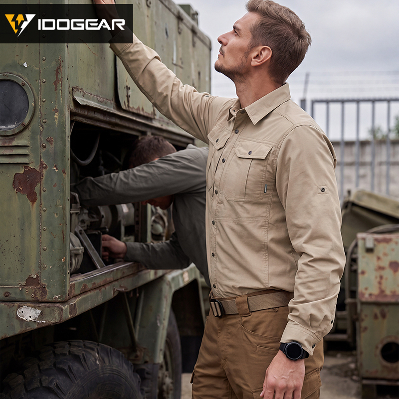 IDOGEAR Men's Long Sleeve Work Shirt with Convertible Roll‑Up Sleeve Breathable Ripstop Casual Shirt 3124