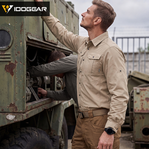 IDOGEAR Men's Long Sleeve Work Shirt with Convertible Roll‑Up Sleeve Breathable Ripstop Casual Shirt 3124