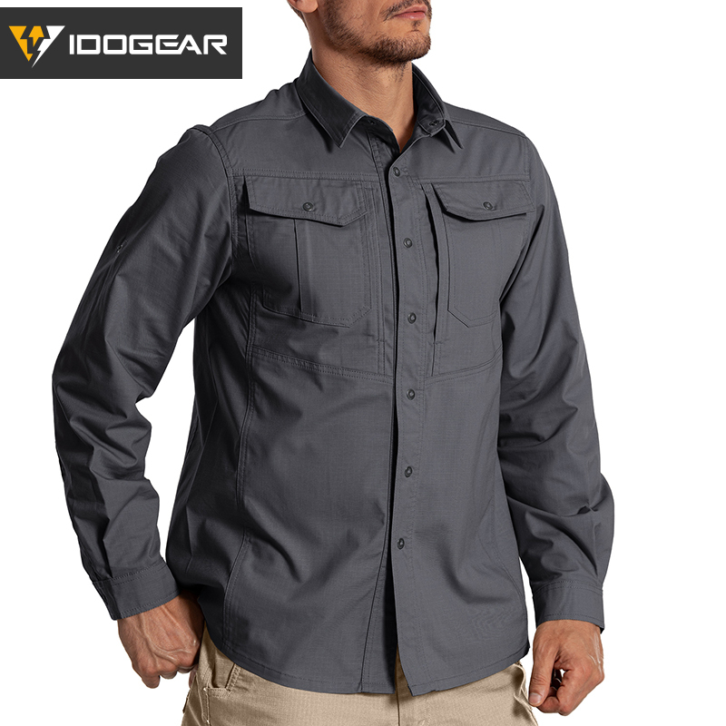 IDOGEAR Men's Long Sleeve Work Shirt with Convertible Roll‑Up Sleeve Breathable Ripstop Casual Shirt 3124