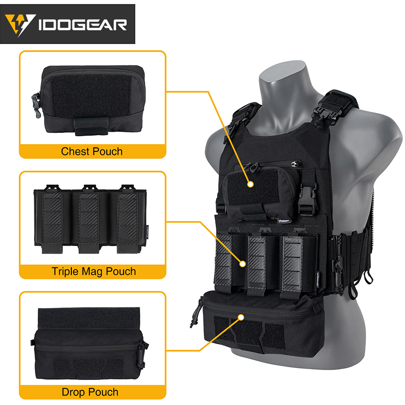 IDOGEAR Tactical Vest with Drop Pouch, Chest Pouch and Triple Mag Pouch 3318-4Pack