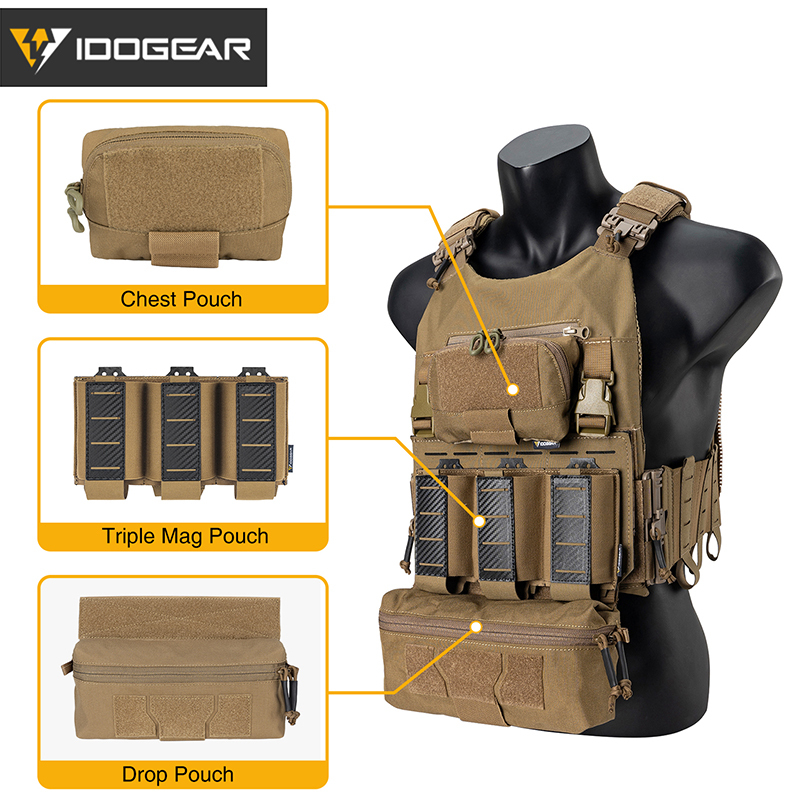 IDOGEAR Tactical Vest with Drop Pouch, Chest Pouch and Triple Mag Pouch 3318-4Pack