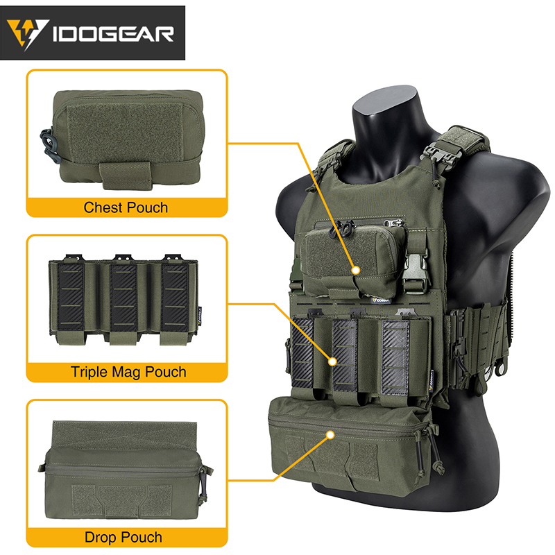 IDOGEAR Tactical Vest with Drop Pouch, Chest Pouch and Triple Mag Pouch 3318-4Pack
