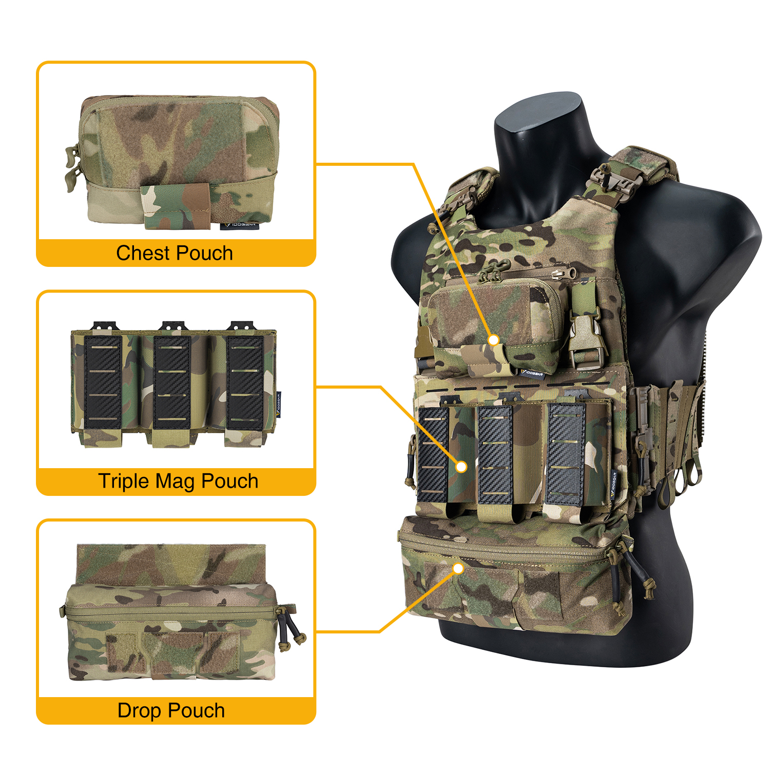 IDOGEAR Tactical Vest with Drop Pouch, Chest Pouch and Triple Mag Pouch Camouflage Military Quick Release Laser Cut Combat Vest Set