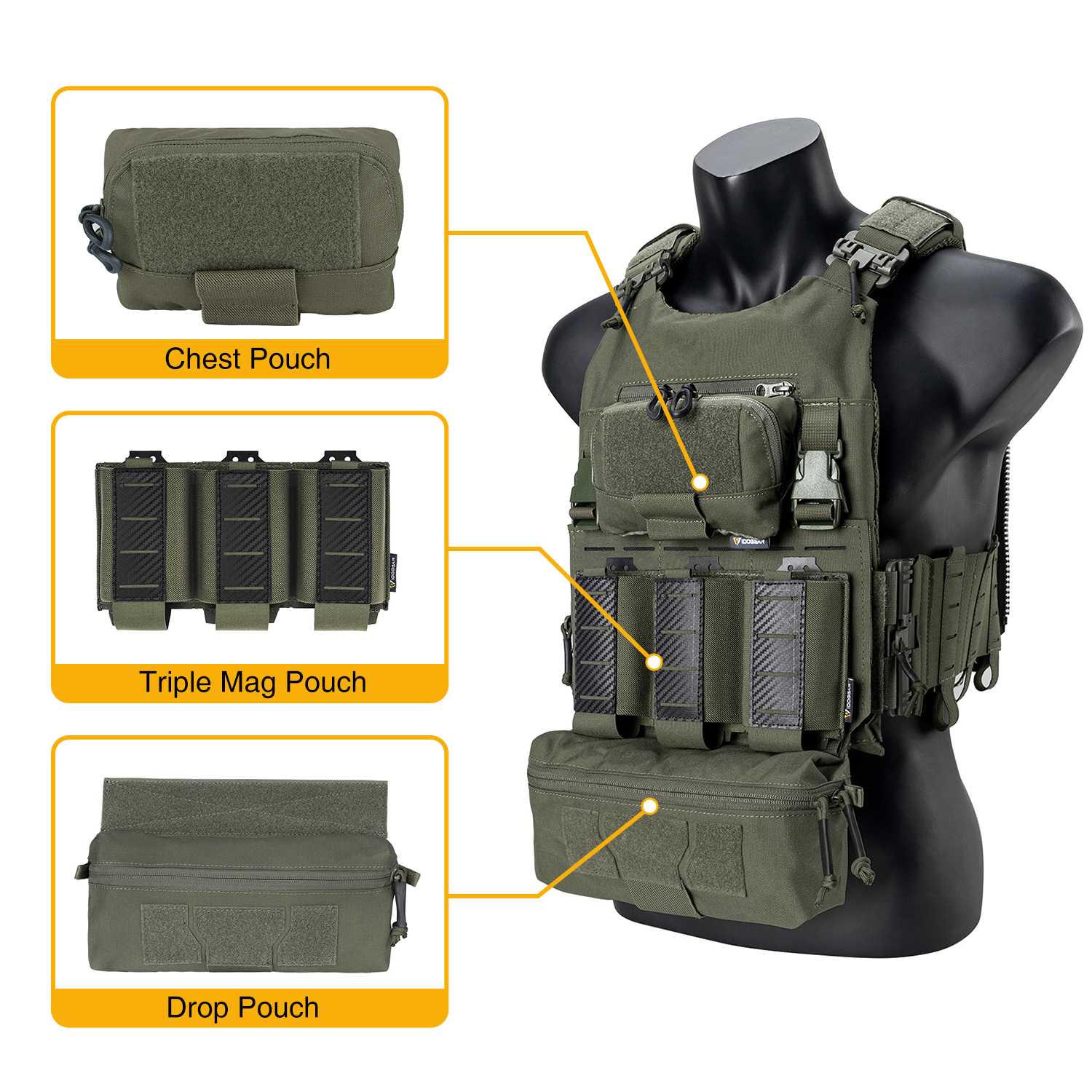 IDOGEAR Tactical Vest with Drop Pouch, Chest Pouch and Triple Mag Pouch Camouflage Military Quick Release Laser Cut Combat Vest Set-IDOGEAR INDUSTRIAL