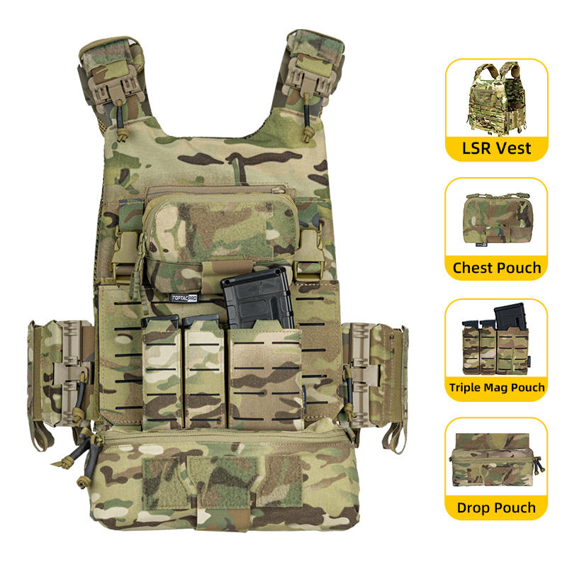 IDOGEAR Tactical Vest with Drop Pouch, Chest Pouch and Triple Mag Pouch Camouflage Military Quck Release Laser Cut Combat Vest Set