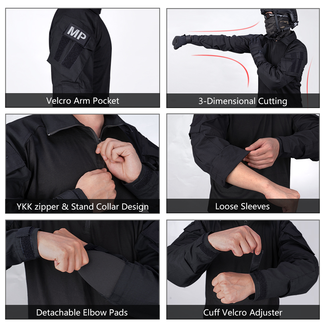 TOP SALE🔥| IDOGEAR G3 Combat Black Suit Shirts & Pants with Knee Pads Update Version Camo Tactical Uniforms (set) UT3001