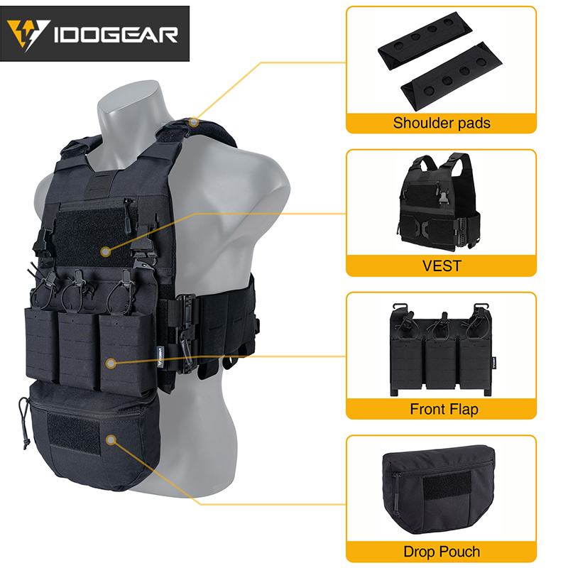 IDOGEAR Tactical 3.0 FCSK Vest with KTAR Triple Mag Pouch, Tactical Dump Drop and Shoulder Cover 3320-4Pack