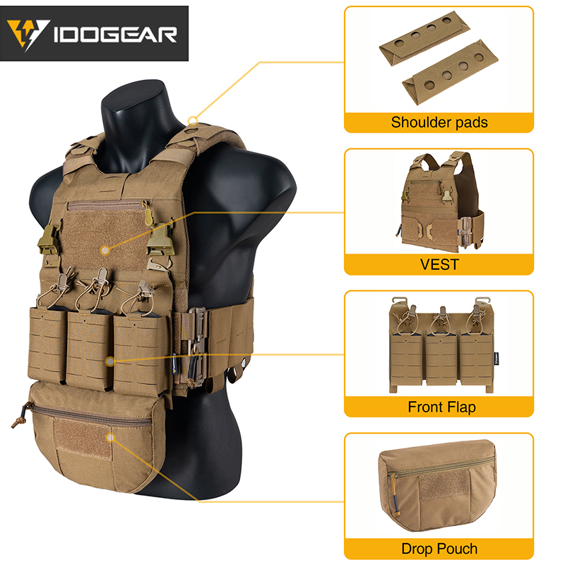 IDOGEAR 3.0 FCSK Quick Release Tactical Vest With KTAR Front Flap Triple Mag Pouch Dump Drop Pouch Shoulder Cover Military Combat Vest Set