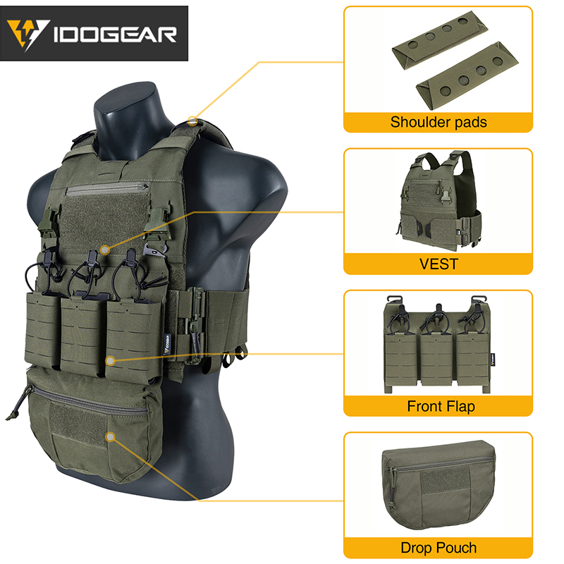 IDOGEAR 3.0 FCSK Quick Release Tactical Vest With KTAR Front Flap Triple Mag Pouch Dump Drop Pouch Shoulder Cover Military Combat Vest Set