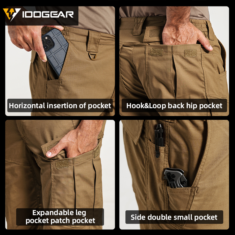 IDOGEAR Men's Cargo Pants Ripstop Multi-Pocket Stretch Outdoor Pants with Elastic Waist D-Ring & YKK Zipper 3222