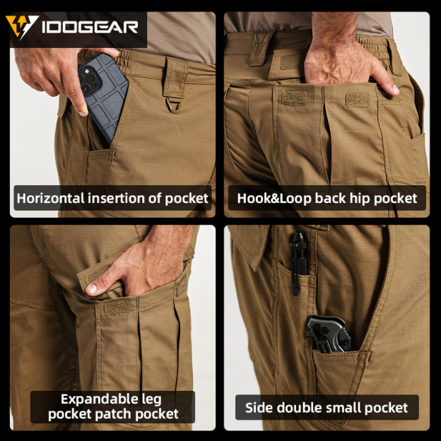 IDOGEAR Men's Cargo Pants Ripstop Multi-Pocket Stretch Outdoor Pants with Elastic Waist D-Ring & YKK Zipper 3222