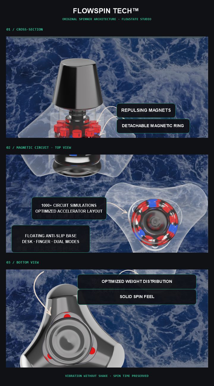 FlowSpin Tech architecture: cross-section, magnetic circuit top view and bottom view
