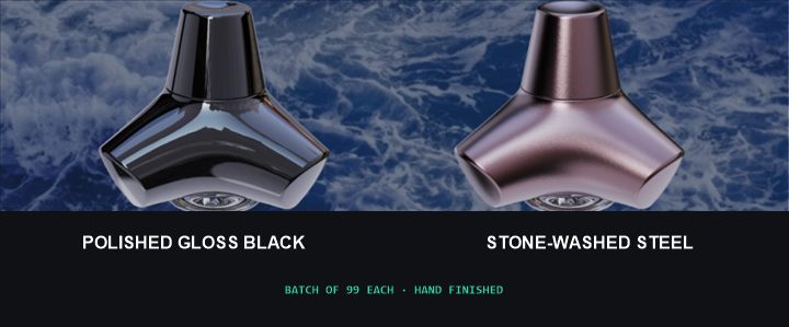 Wavebreaker finishes: polished gloss black and stone-washed steel