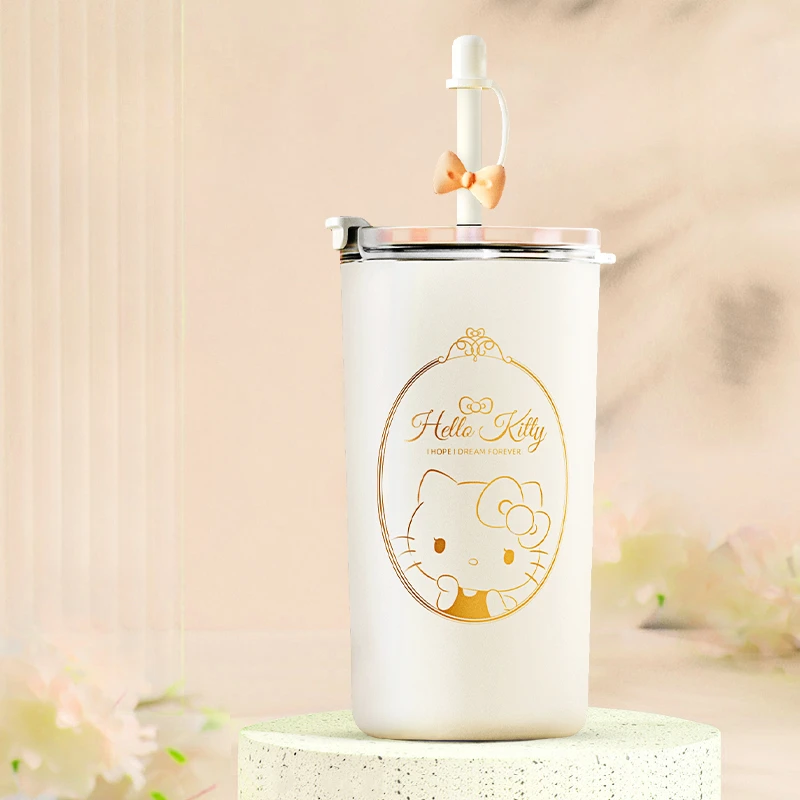 Kawaii Sanrio Hello Kitty Children's Water Cup Cartoon Students Portable Vacuum Water Cup Stainless Steel Straw Insulation Cup