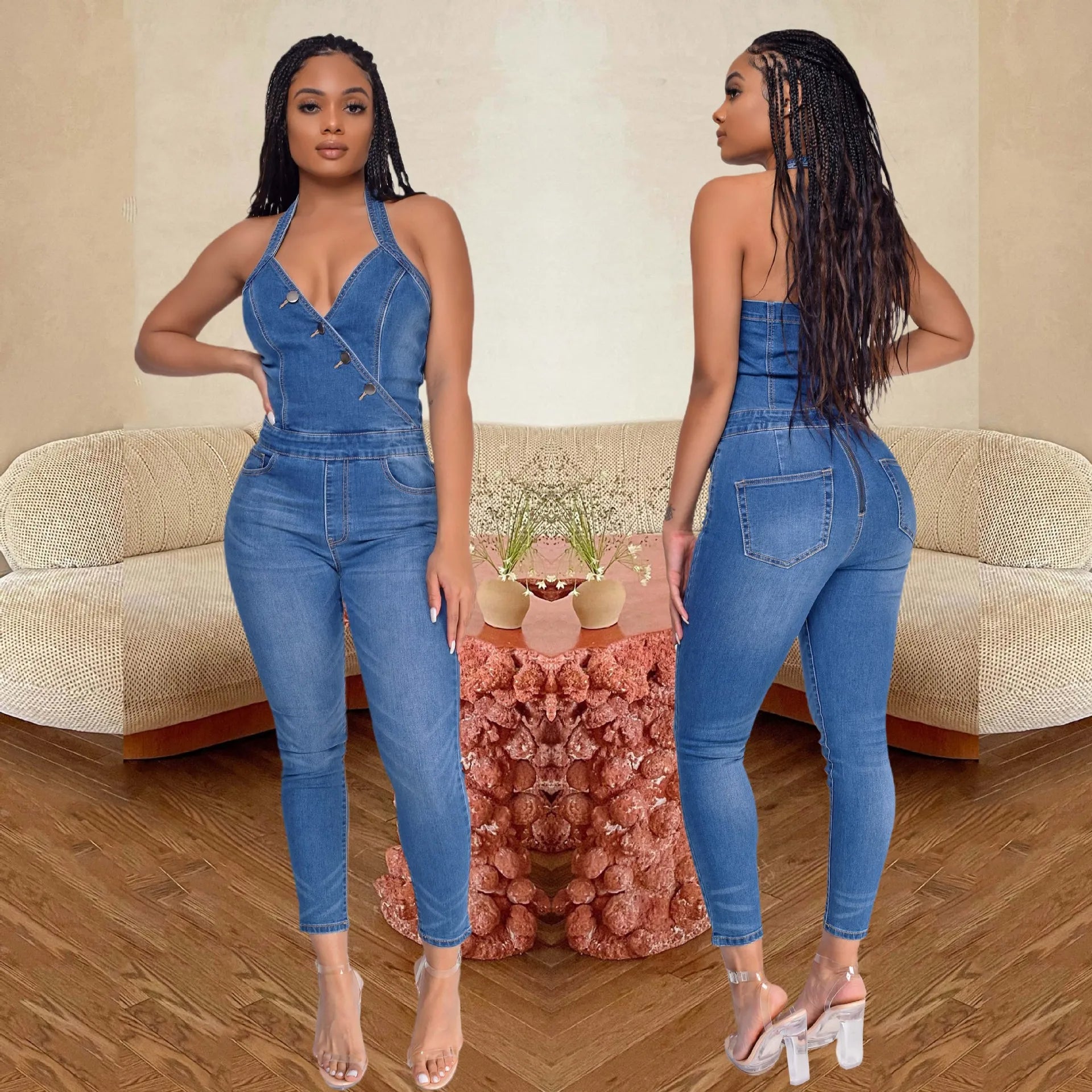 Halter Neck Backless Denim Pencil Romper Sexy Street Chic Jumpsuit