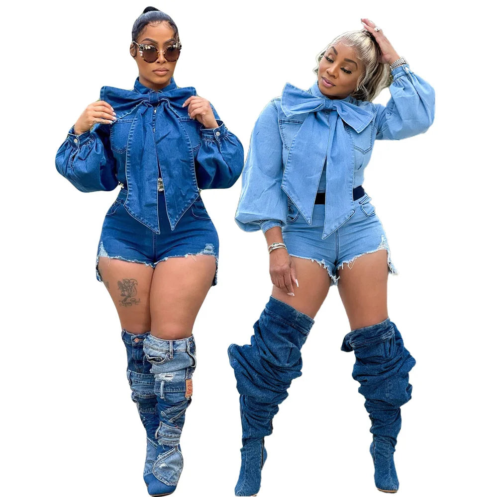 Plus Size Ripped Denim Overalls Sexy Lantern Sleeve Jumpsuit