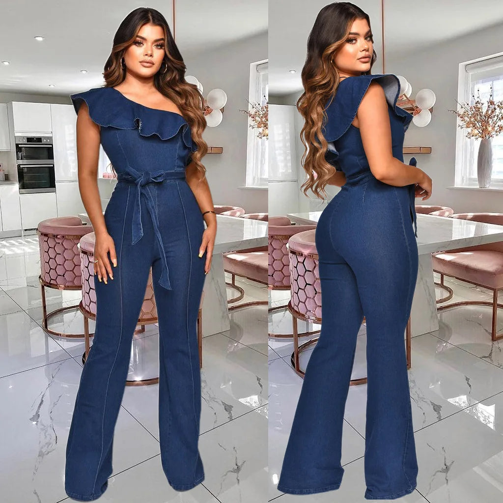 One Shoulder Wide Leg Jeans Romper Sexy Summer Casual Denim Jumpsuit for Women