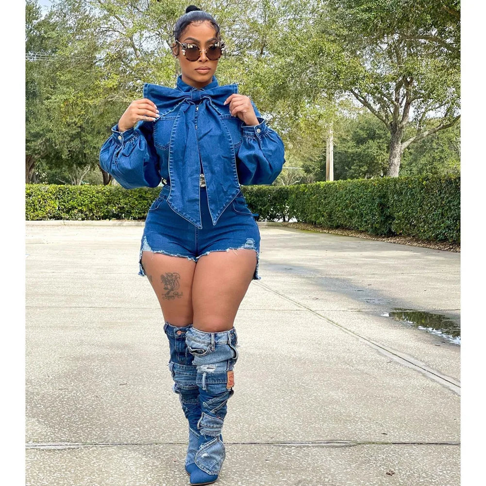 Plus Size Ripped Denim Overalls Sexy Lantern Sleeve Jumpsuit