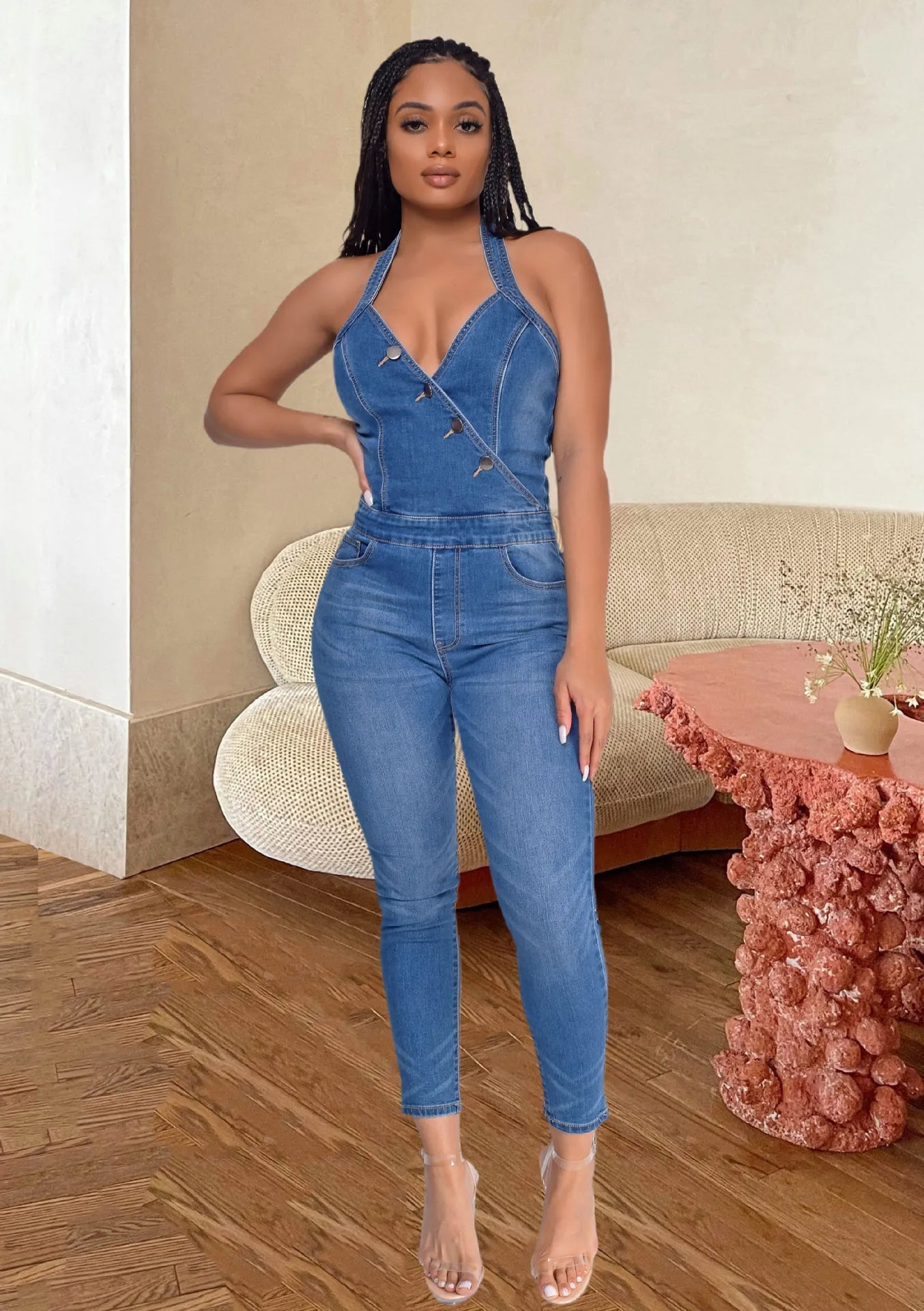 Halter Neck Backless Denim Pencil Romper Sexy Street Chic Jumpsuit