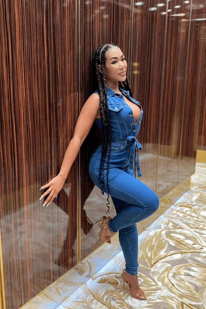 Sleeveless Bodycon Blue Denim Club Overalls Sexy Women's Pencil Jumpsuit Rompers