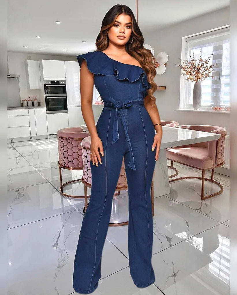 One Shoulder Wide Leg Jeans Romper Sexy Summer Casual Denim Jumpsuit for Women